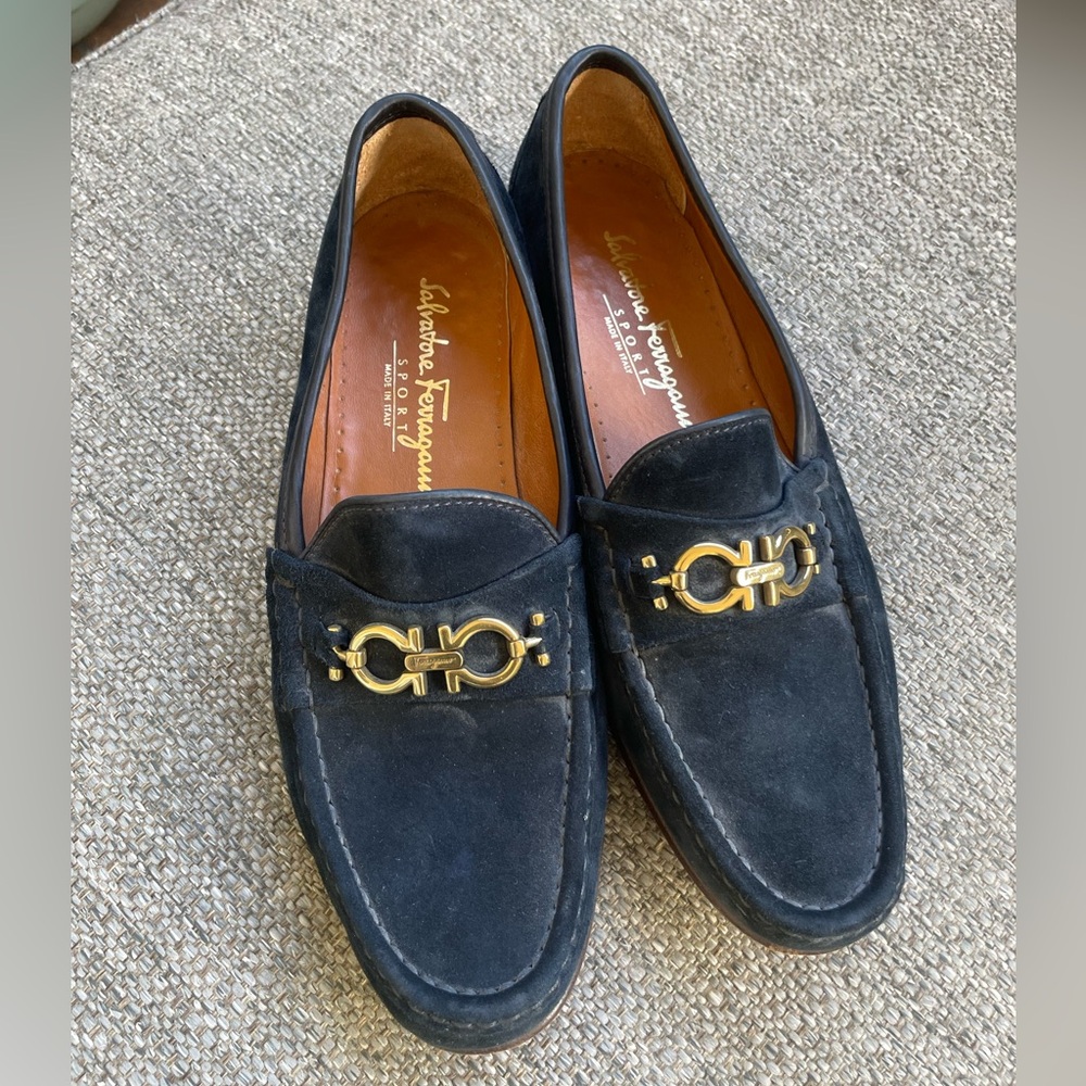 Salvatore Ferragamo Navy Suede Gancini Bit Loafers